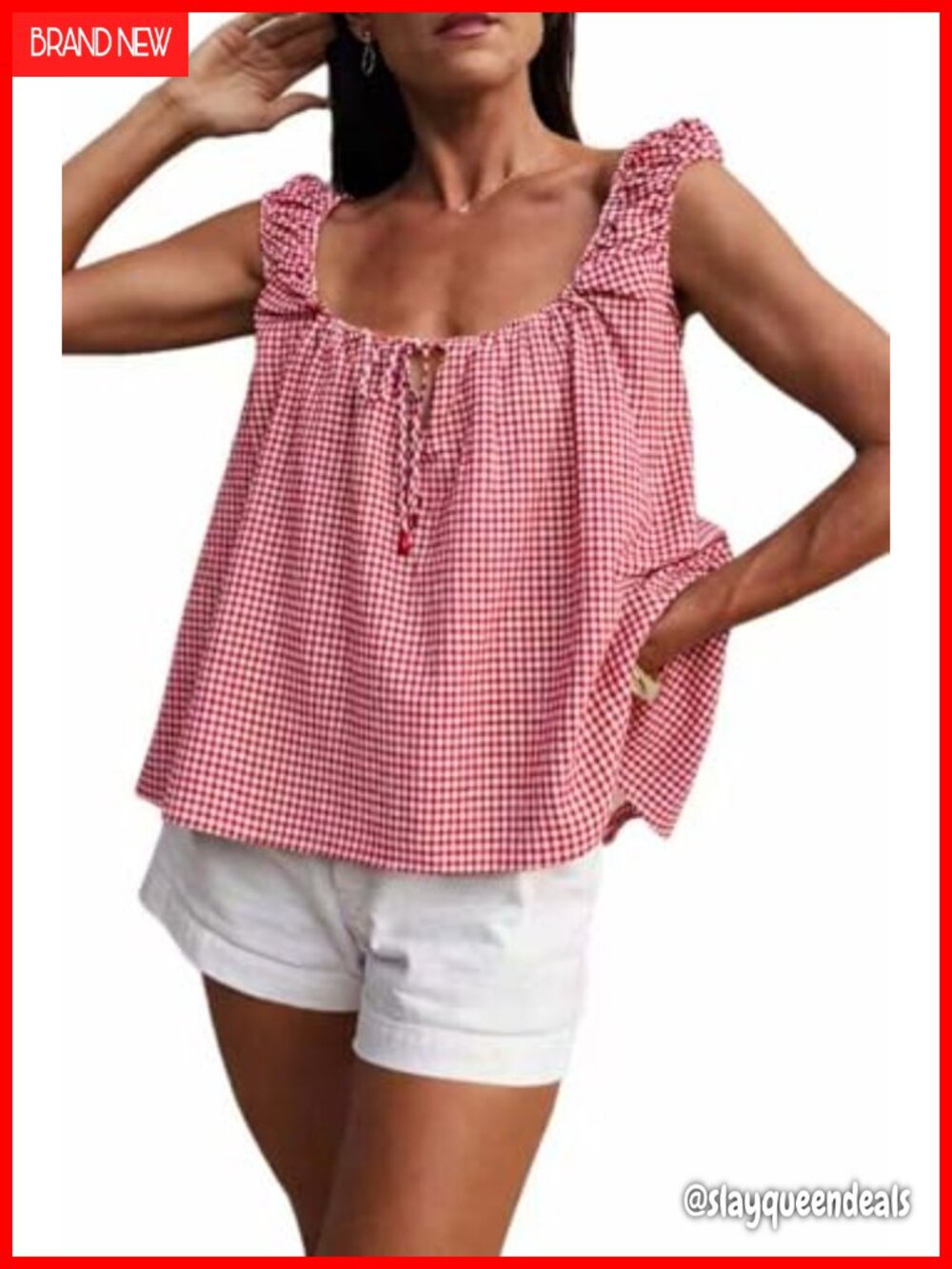 Womens Tie Front Babydoll Tank Top Pleated Square Neck Cotton Sleeveless
